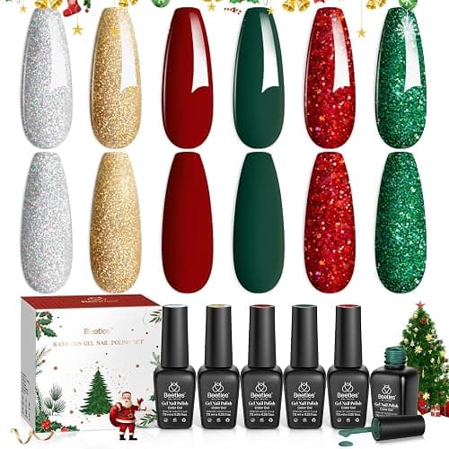 Beetles Gel Nail Polish Set - Christmas Holly Berries 6 Colors Gel Nail Kit with Sparkle Glitter Red Green Gold Silver Shades Holiday Nail Art Gift for Women Soak Off UV LED Nail Gel - Image 1