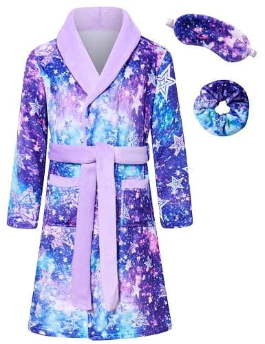 Funnycokid Girls Robe with Matching Sleep Mask Scrunchie for Kids 6-13 Years - Image 1