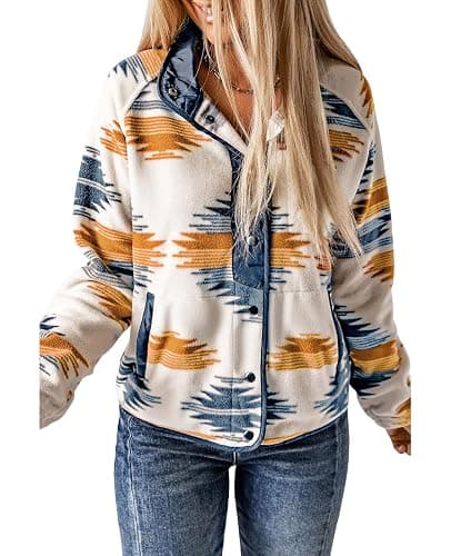 SELINK Womens Fleece Jacket Western Aztec Print Long Sleeve Snap Button Down Shacket Jackets with Pockets - Image 1