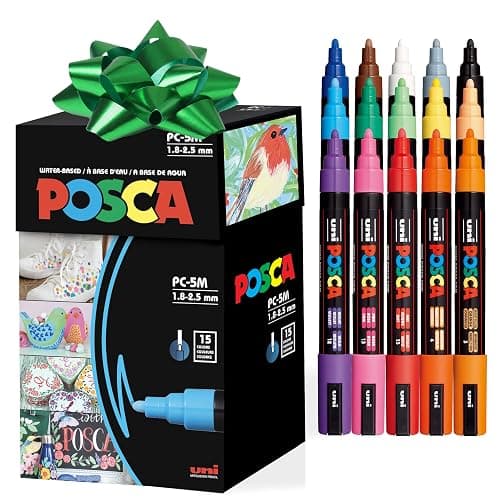 Posca Paint Art Markers, Set of 15 5M Medium Acrylic Markers with Reversible Tips, Artist Recommended Paint Pens for Gifts, Decorations, Fabric, Metal, Glass, Wood and Canvas - Image 1
