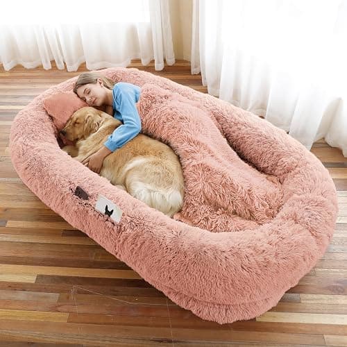 Human Dog Bed, 71''x45''x12'' Size Fits You and Pets, Washable Faux Fur Pet Bed for People Doze Off, Napping Orthopedic Dog Bed, Present Plump Pillow, Blanket, Strap - Pink - Image 1