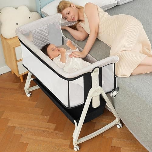 Baby Bassinet, Bedside Sleeper for Baby with Wheels and Storage Basket,All Mesh Portable Bassinet for Newborn,6 Height Adjustable Easy to Assemble Bedside Crib(Upgrade Black) - Image 1