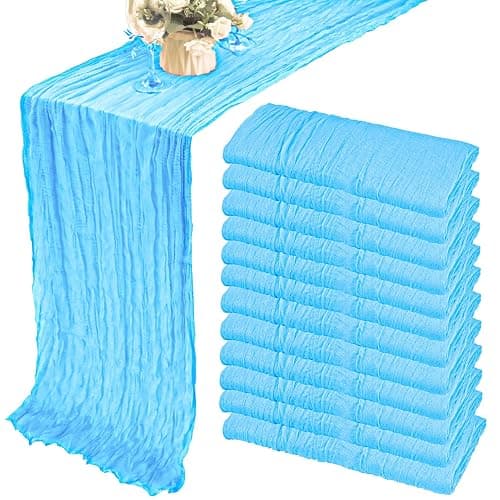 12 Pack 10Ft Cheesecloth Table Runner 35x120 Inch Boho Gauze Table Runner Rustic Cheese Cloth Long Table Runner Romantic Table Runner for Wedding Bridal Shower Birthday Party Table Decor (Baby Blue) - Baby Blue - 35" x 120" - Image 1