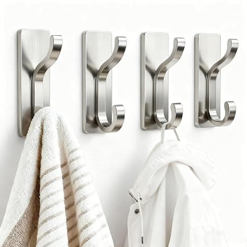 pickpiff Wall Hooks with Adhesive Strip- Easy to Remove, No Residue, Strong Heavy Duty Sticky Towel Hook, 4 Pack Silver - Image 1