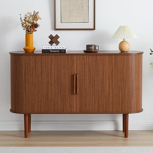 XUZENEST 53''Sideboard Buffer Cabinet with Fluted Slide Doors, Modern Credenza Storage Cabinet, Tambour Bar Console Table for Living Dining Room Kitchen Hallway Entryway, Walnut - Image 1