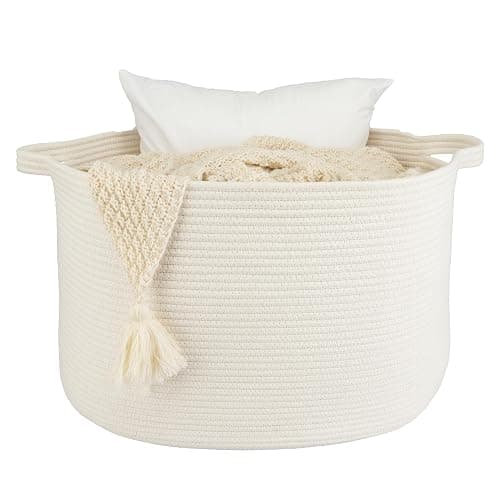 XUANGUO Large Cotton Rope Basket Blankets Basket Living Room 22"x14" Toy Basket for Kids and Dogs Rope Storage Basket for Nursery Woven Laundry Basket for Clothes Towels Baby Toy Storage round white - Image 1