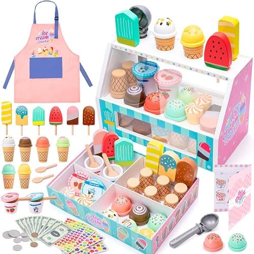 Meland Ice Cream Toy - Wooden Ice Cream Play Set with Aprons, Pretend Play Toys with Play Food, Wooden Play Store Toys for Toddlers, Kids Toys & Gift for Girls Boys Age 3 4 5 6 7 Years Old - Image 1