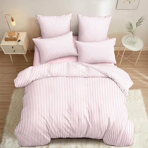 Sedefen Striped Duvet Cover Queen Size Pink Stripes Bedding Set 3 Pcs Kids Boys Girls Women White Geometric Stripe Reversible Soft Microfiber Duvet Cover with 2 Pillowcases - Image 1