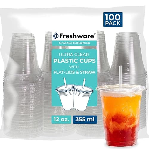 Freshware 12 oz Clear Disposable Plastic Cups with Flat Lids and Straws, 100 Pack Clear Plastic Cups Tumblers, Heavy-duty Party Glasses, Disposable Cups for Thanksgiving, Halloween, Christmas Party - Image 1