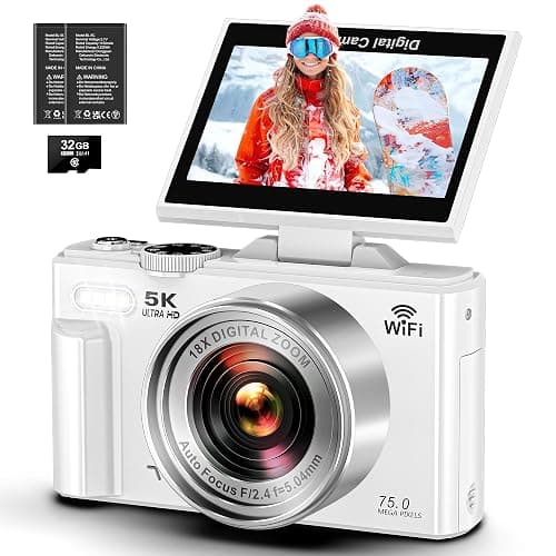 5K Digital Camera - WiFi 75MP Cameras for Photography - UHD Vlogging Camera for YouTube with 3" 180° Flip Screen - Autofocus Compact Video Travel Camara with 18X Zoom, 32GB SD Card, 2 Batteries - Image 1