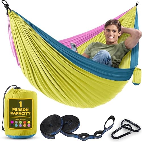 Durable Hammock 400 lb Capacity, Nylon Camping Hammock Chair - Double or Single Sizes w/Tree Straps and Attached Carry Bag - Portable for Travel/Backpacking/Beach/Backyard (Medium, Yellow & Blue) - Image 1