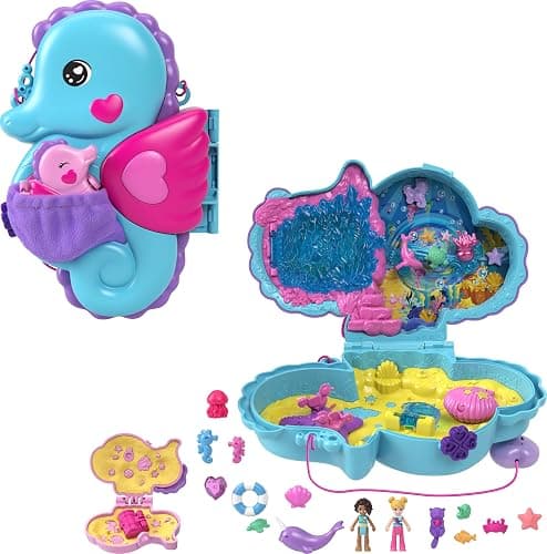 Polly Pocket Dolls & Playset with Pets & 13 Accessories, 2-in-1 Daddy & Me Seahorse Wearable Purse & Animal Toy, Starring Shani (Amazon Exclusive) - Image 1