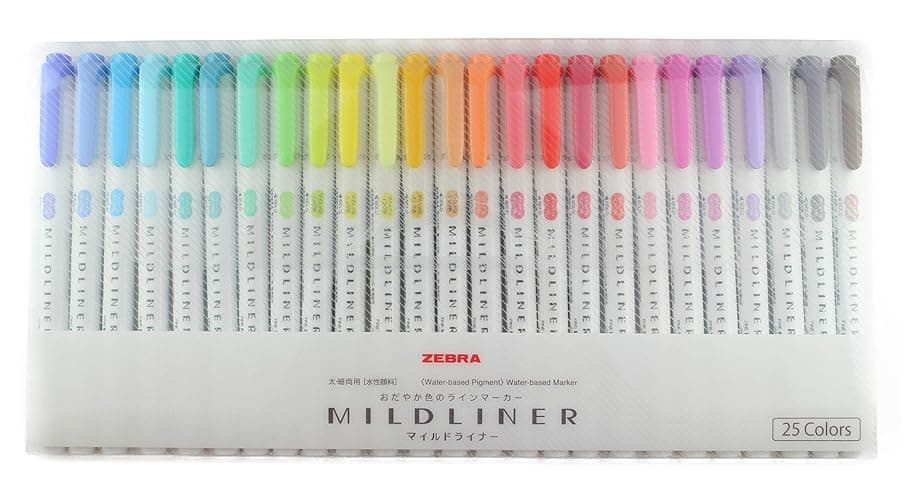 〈New〉ZEBRA Mildliner Water-based Marker, Twin tips (Bold and Fine), Assorted Pastel Color, 25 Colors Set (WKT7-25C) - Image 1