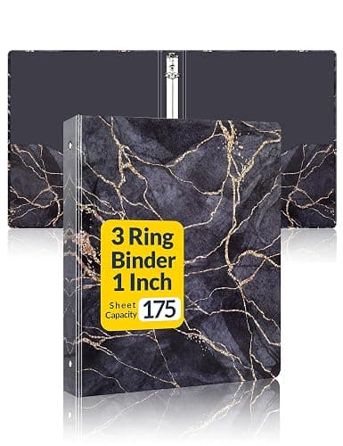 SUNEE 3 Ring Binder, 1 Inch, Cute Binder with 2 Pockets, Decorative Black Marble Heavy Duty (Fit 8.5x11 Inches) for School & Office - Image 1