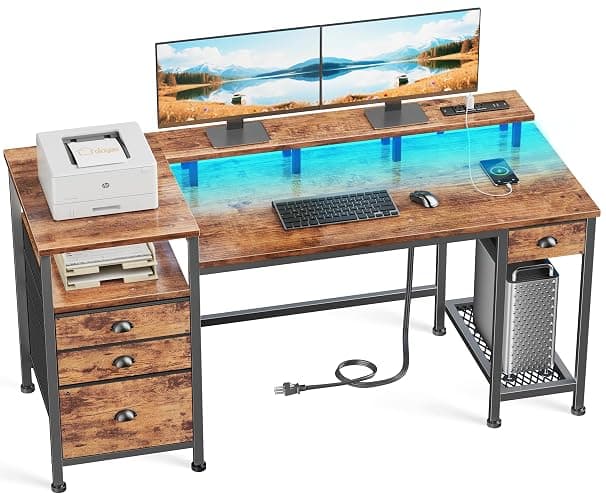 Furologee 60" Office Computer Desk with Power Outlets & LED Light,Gaming Desk with 2 Monitor Stands and Fabric File Cabinet for Home Office Study Writing Work Table,Rustic Brown - Rustic Brown - Image 1
