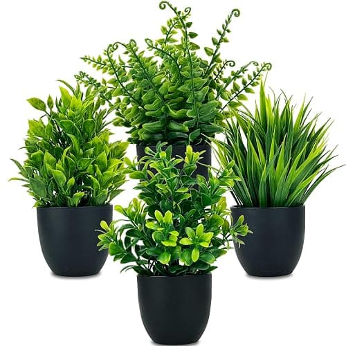 DCECDWD Set of 4 Fake Plants 7” Small Potted Plants Artificial Plants Indoor Mini Greenery Plants for Indoor Decor Home Shelf Office Decor, Compact Black Pot - Image 1
