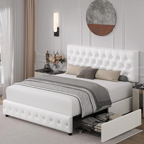 Full Size Bed Frame with 4 Storage Drawers and Adjustable Headboard, Upholstered Faux Leather Platform Bed with Button Tufted Design, Strong Wooden Slats Support, No Box Spring Needed, White - Image 1