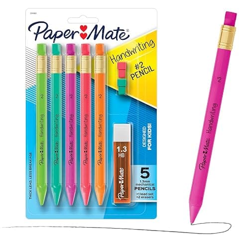 Paper Mate Handwriting Triangular Mechanical Pencils with Lead & Eraser Refills, 1.3mm, Fun Barrel Colors, 5 Count - School Supplies, Kids Writing - Image 1