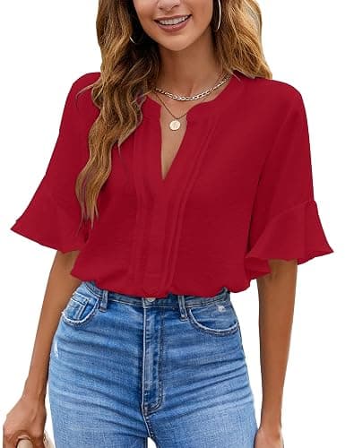 BMJL Womens White Blouses Chiffon Ruffle Short Sleeve V Neck Business Casual Tops Summer Cute Shirt - Image 1