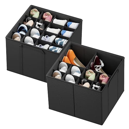 SpaceAid Shoe Organizer for Closet, 2 Pack Foldable Shoe Storage Containers Baskets Boxes Bins w/Adjustable Dividers, Fits 16-32 Pairs, Black - Black - Image 1