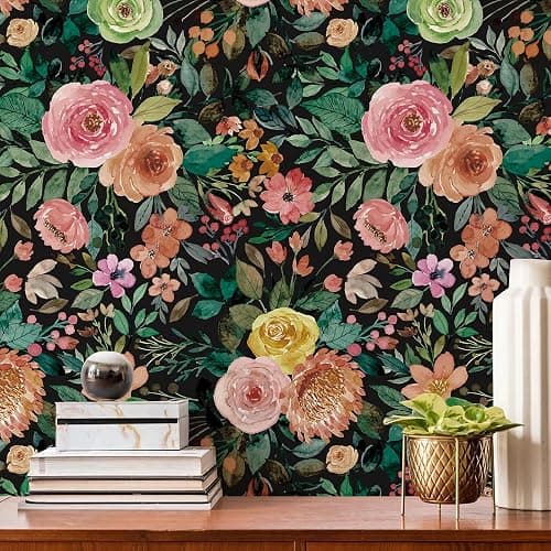 Simon&Siff Floral Peel & Stick Wallpaper, 17.3" x 120" Dark Floral Boho Flower Wallpaper, Renter Friendly - Image 1
