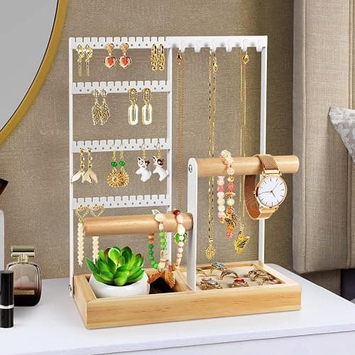 Godboat Jewelry Organizer, 4-Tier Earring Holder Organizer with 48 Holes, 6 Hooks Necklace Organizer, Wood Box for Bracelet & Ring, Christmas Gifts for Home Decor, Preppy Stuff & Room Decor (White) - Image 1