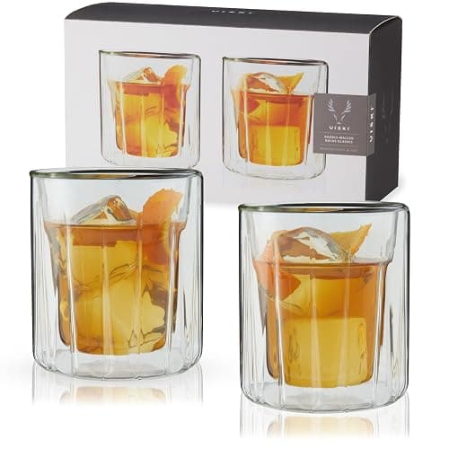 Viski Double Walled Rocks Glasses - Insulated Whiskey Tumblers with Cut Crystal Design - Dishwasher Safe 10.5oz Set of 2 - Image 1