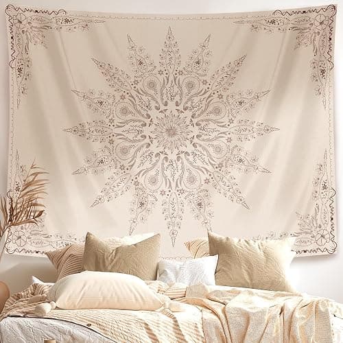 Damanse Floral Tapestry Wall Hanging Cute,Boho Wall Tapestry for Bedroom Aesthetic,Mandala Living Room Decor for Teen Girls (Flaxen, 34.80" x 47.20") - Image 1