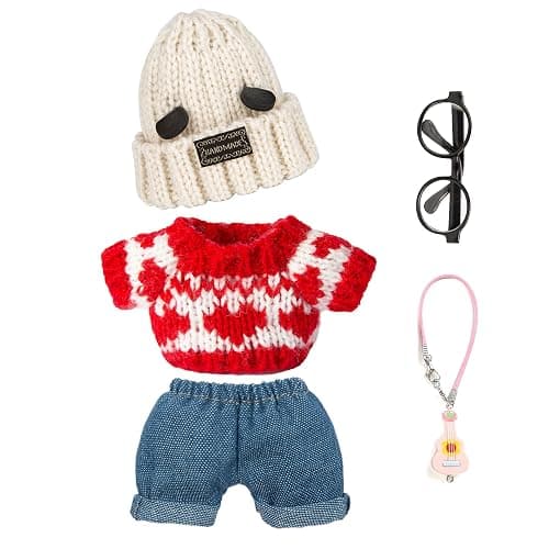 17cm Doll Clothes 5 Pieces - Kawaii Chic Style Set for 17cm Dolls, Cute Doll Outfit with Accessories - Grey Bear Ears Hat + Red Sweater + Blue Jeans + Glasses + Small Guitar (NO Doll) - Bear Ear Hat + Glasses + Guitar + Sweater + Jeans - Image 1