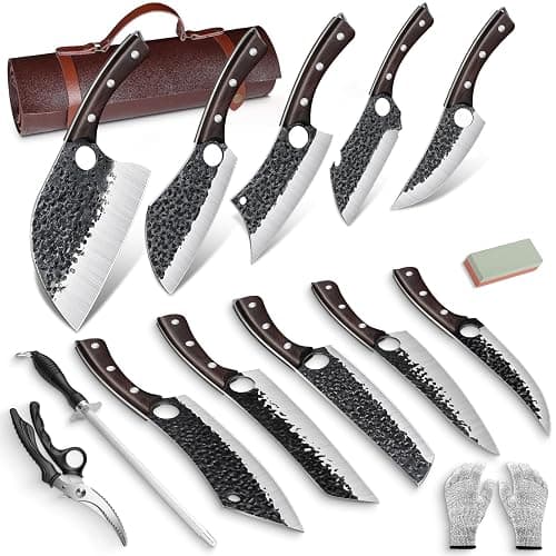 DRGSKL Serbian Chef Knife Set, Hand Forged Butcher Knife Set with Knife Bag, High Carbon Steel Kitchen Knives Set Meat Cleaver Boning Knife Viking Knives for Brisket Trimming, Gifts for Dad - Image 1