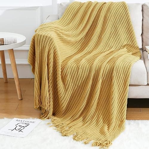 Blagic Knitted Throw Blanket for Couch Soft Farmhouse Boho Throw Blanket with Tassels Home Decorative Lightweight Throw Blankets,Mustard Yellow Throws for Bed/Chair/Sofa, Wheat Textured,50" W x 60" L - Image 1