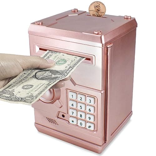 Suliper Electronic Piggy Bank Code Lock for Kids Baby Toy, Mini ATM Safe Coin Cash Banks Real Money Saving Box with Password, Auto Money Scroll for Children,Boys Girls Birthday Gift (Rose Gold) - Image 1