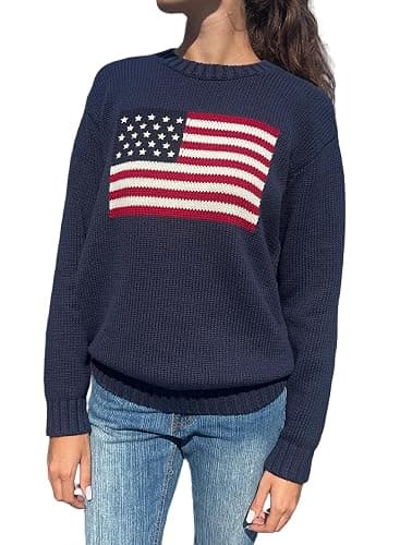 Adoeren Women American Flag Sweater Vintage Long Sleeve Crewneck Knitted Jumper Oversized Aesthetic Knit Pullover Top - Image 1