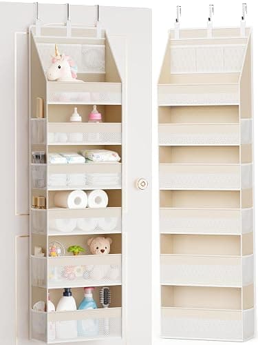 Criusia Over the Door Organizer, 6-Shelf Closet Hanging Storage with 13 Mesh Pockets, 55lbs Capacity Behind the Door Storage for Baby Nursery, Bathroom, Bedroom, and Dorm, Beige - Image 1
