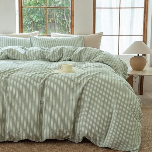 BESTDESIL Sage Green and White Striped Duvet Cover,100% Washed Cotton Breathable and Linen Like Bedding Set(Strip-Sage Green/White,Full Size) - Image 1