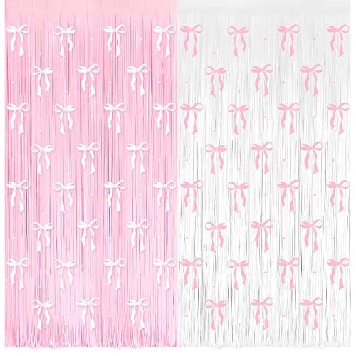 4 Pack Pink Bow Party Backdrop Decoration Pink Bow Foil Fringe Curtains for Girls Bow Birthday Baby Shower Decorations Bridal Shower Bachelorette Party Decor Supplies 3.2ft X 8.2ft - Image 1