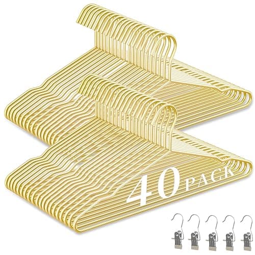 40Pack Gold Hangers + 5 Clothes Pins, Premium Glossy Gold Strong Metal Hangers, Upgraded Thickened Reinforced 50lbs Weight Capacity, Suitable for Heavy Coats, Jackets, Shirts, Dresses - Image 1