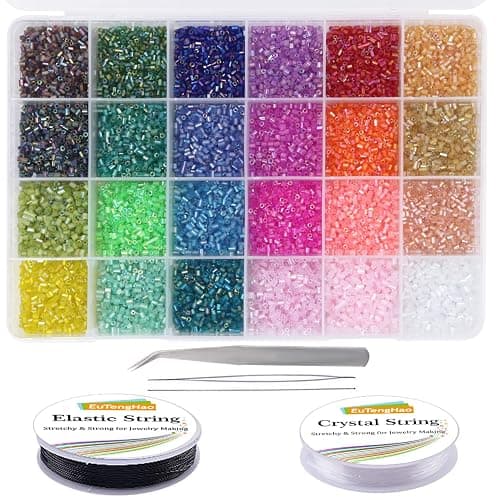 EuTengHao 14400pcs Tube Beads Bugle Glass Seed Beads, Small Craft Spacer Beads for DIY Bracelet Necklaces Crafting Jewelry Making Supplies with Two Crystal String (3mm, 600 Per Color, 24 Colors) - Image 1