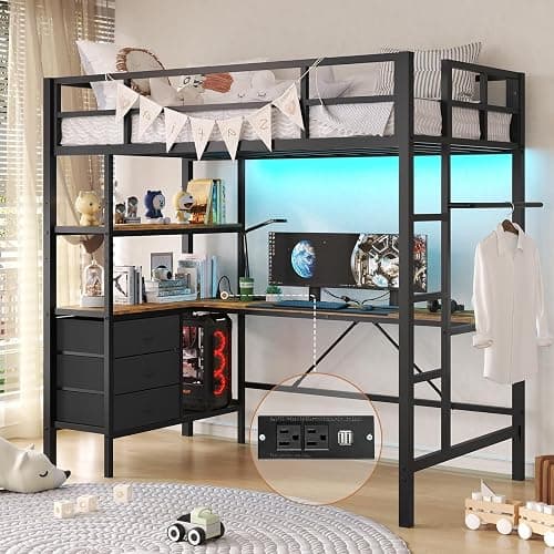 DICTAC Twin Loft Bed with L-Shaped Desk, LED Lights,Charging Station LED Metal Kids Loft Bed Twin Size with 3 Storage Shelves and 3 Fabric Drawers, Safety Guard & Ladder,No Box Spring Needed, Black - Image 1