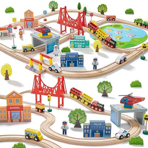 Tiny Land 110PCS Wooden Train Set, Toy Train with Tracks | Compatible with Major Brands, Ideal Railway Playset for Boys and Girls, Great Birthday Gift for Kids Ages 3-7 - Image 1