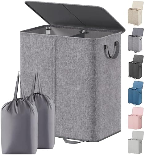 Lifewit Double Laundry Hamper with Lid and Removable Laundry Bags, Large Collapsible 2 Dividers Dirty Clothes Basket with Handles for Bedroom, Laundry Room, Closet, Bathroom, College, 136L Gray - Image 1