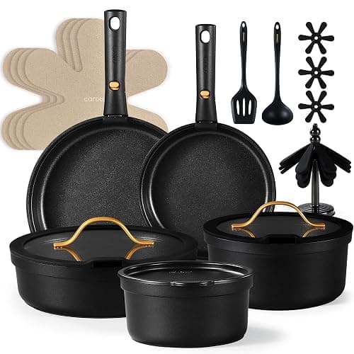 CAROTE 19pcs Pots and Pans Set Non Stick, Nonstick Cookware Set, Dishwasher/Oven/Fridge Safe Pots and Pans, Removable Handle RV Oven Safe Cookware, Induction Kitchen Set, Black - Image 1