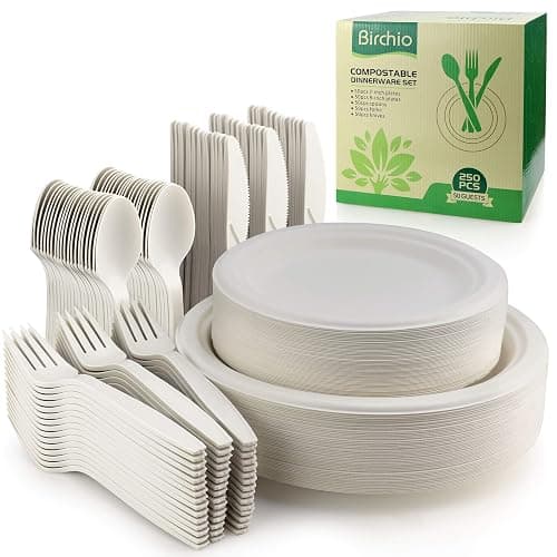 250 Piece Biodegradable Paper Plates Set (EXTRA LONG UTENSILS), Disposable Dinnerware Set, Eco Friendly Compostable Plates & Utensil include Plates, Forks, Knives and Spoons for Party - Image 1