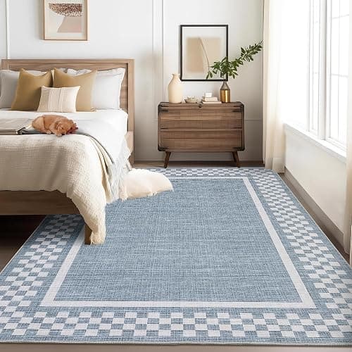 GarveeHome 5x7 Washable Area Rug for Bedroom Living Room Non Slip Modern Bordered Throw Rugs Low Pile Soft Checkered Dining Room Area Rugs Geometric Throw Carpet for Kitchen Nursery Office, Blue - Image 1