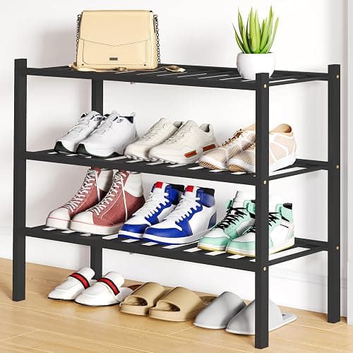 Smiry Shoe Rack, 3 Tier Bamboo Shoe Organizer, Stackable Free Standing Wooden Shoe Storage Shelf for Closet, Entryway, Front Door Entrance, Black - Image 1