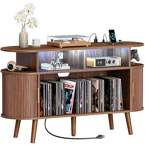 PRAISUN 47.2 Inch Large Record Player Stand with Power Outlets & 3-Color Lights, Vinyl Record Stand with 2 Fluted Cabinets, USB-C Port, Mid Century Modern Player Stand, Open Storage, Walnut - Image 1