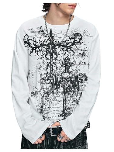 Milumia Men's Y2k Gothic Graphic Tees Long Sleeve Crewneck T Shirt | Loose Fit Pullover Top, Casual Going Out, Spring Fall, Cross Skull Printed Grunge, Streetwear Sweatshirts - Image 1