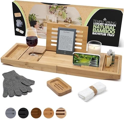 Temple Spring Bamboo Bathtub Tray Caddy for Tub — Expandable Wood Bath Tray with Solid Book Stand Wine Holder and Non-Slip Pads — Includes Bamboo Soap Dish and Spa Accessories — Luxury Bath Gift Set - Image 1