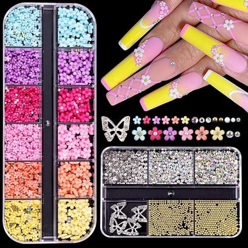 GZMAYUEN 3D Blume Nagel Charms Metall Kaviar Perlen, 3D Pastell Acryl Blume für Nägel Design, Gold Kaviar Perlen Nagel Dekorationen Gemischte Strass Kit, Kristall AB Edelsteine Nagel Diamanten Strass - Image 1