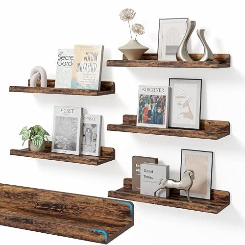 YUFLINX 16’’Rustic Brown Floating Shelves for Wall Set of 6,Rustic Wood Shelf for Room Decor/Storage/Display,Small Bookshelf,Wall Mounted Hanging Shelves for Bedroom, Bathroom, Living Room, Kitchen - Image 1